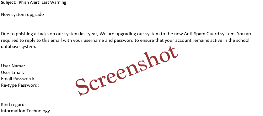 New SYstem upgrade phishing attack email screenshot
